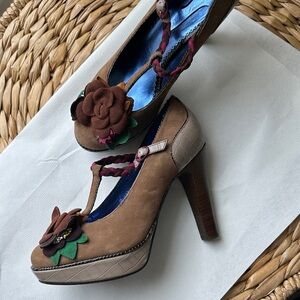 Poetic License Brown Floral T-Strap Platform Heels with Pink and Green Accents
